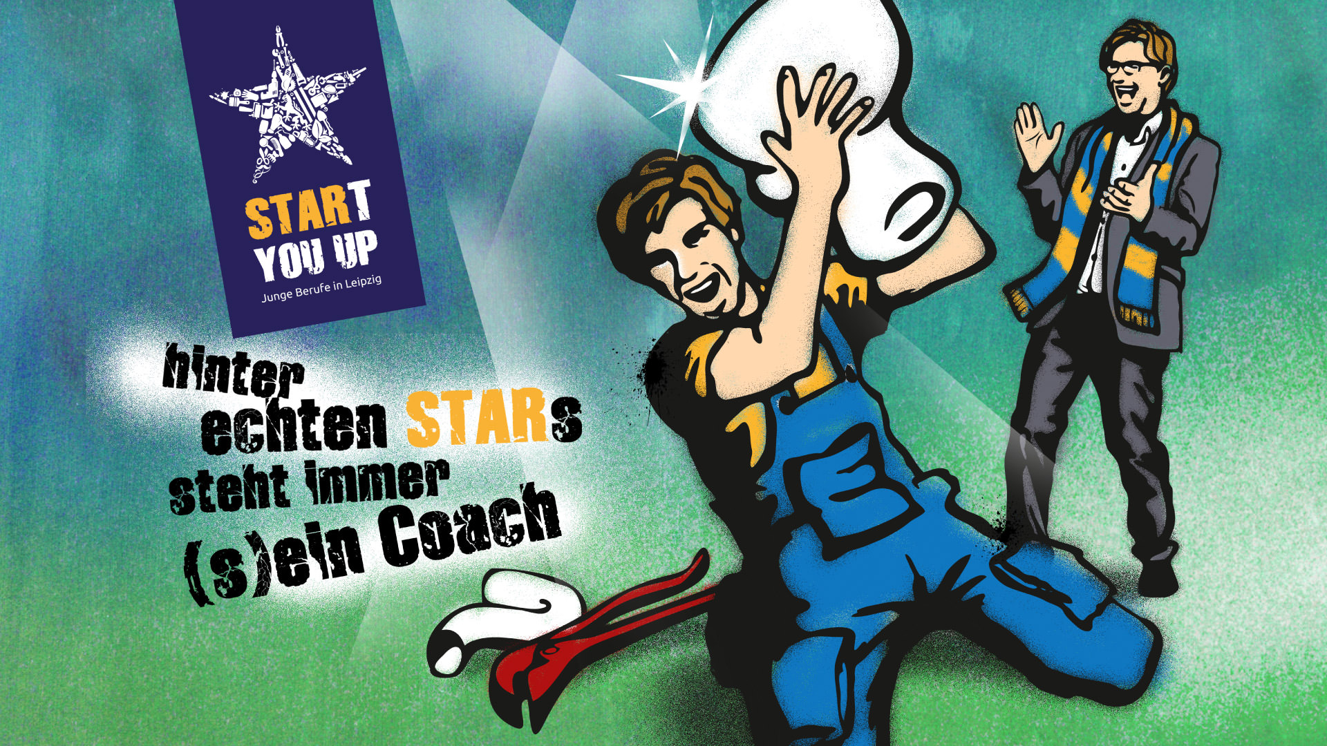 STARt you up Motiv Installateur als Fussballspieler mit Coach