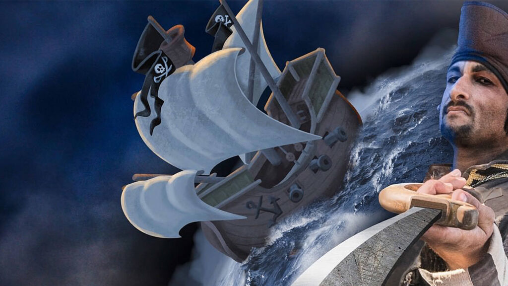 Belanis Plakat ein Ausschnitt mit altem Segelschiff und Piraten